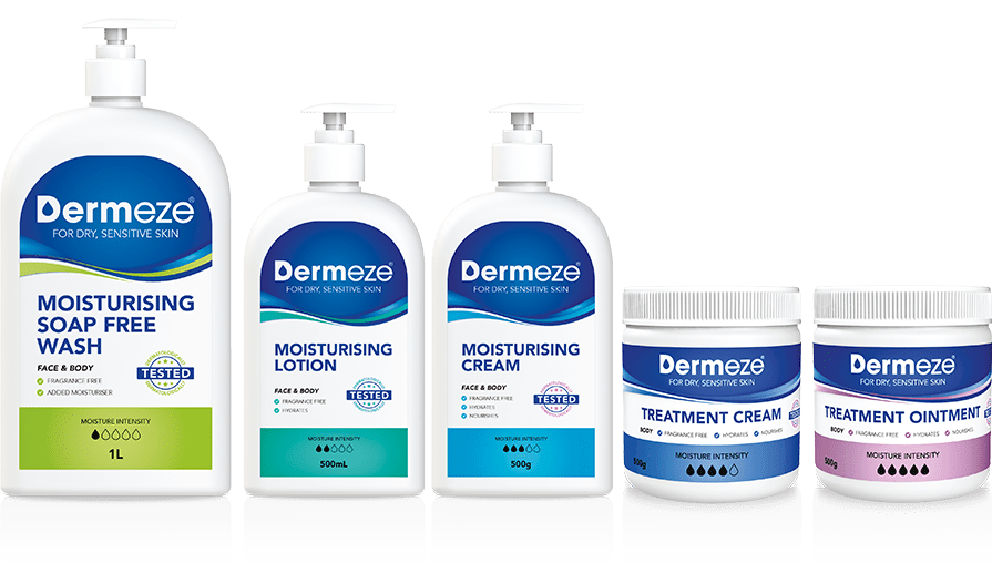 Dermeze products - soap free wash, Moisturising lotion, moisturizing cream, Treatment cream for dry skin, Treatment ointment cream